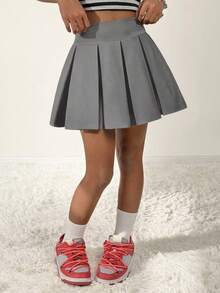 Coolane Kids Tween Girls Fall/Winter,Comfortable Basic Daily Wear Essentials,Cute  Grey Knitted Pleated Ultra Short Mini Skirt,Christmas, Clothes For New Year - Dark Grey - View 2