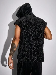 ROMWE MEN Street Life Men's Hooded Zip Front Avant Casual Velvet Vest, For Fall Winter - Black - View 11