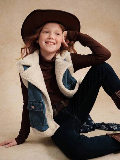 少女牛仔外套，Y2K风格秋冬保暖牛仔背心，休闲可爱百搭个性设计，街头时尚拼接毛绒口袋装饰无袖简约翻领宽松背心，柔软舒适的棉质牛仔面料，适合日常外出、聚会、上学、通勤、居家穿着，2025秋冬新款儿童西式服装