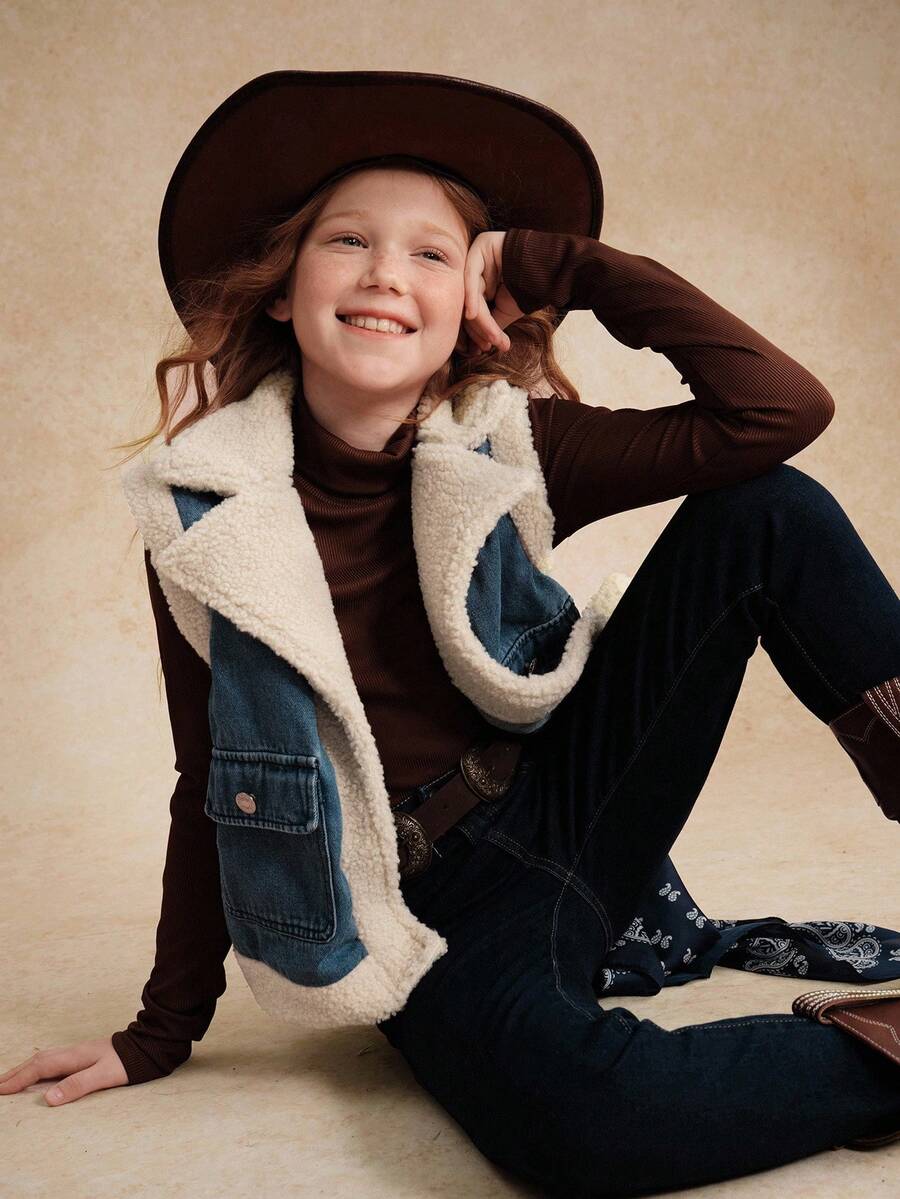 少女牛仔外套，Y2K风格秋冬保暖牛仔背心，休闲可爱百搭个性设计，街头时尚拼接毛绒口袋装饰无袖简约翻领宽松背心，柔软舒适的棉质牛仔面料，适合日常外出、聚会、上学、通勤、居家穿着，2025秋冬新款儿童西式服装