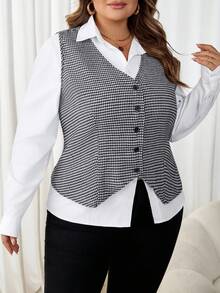 SHEIN CURVE+ 大码千鸟格无袖休闲衬衫 - 黑與白 - 查看 6