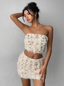 Aloruh Women's Fall/Winter Elegant Sexy Low Waist Sequin & Faux Fur Mini Skirt,Party,Club,Feather Mini Skirt Top,Sequin Skirt,Party Skirt ,Party Outfit,Thanksgiving Outfit For Women