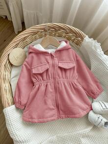 Áo khoác nỉ nhung kẻ có mũ trùm đầu dễ thương cho bé gái, Thu/Đông - Hồng - Xem 5