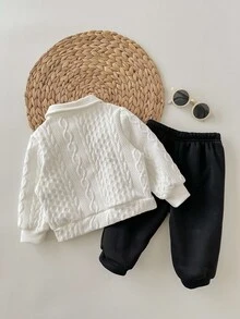 2 件套男童/女童休闲学院风可爱卡通图案 Polo 领运动衫和松紧腰黑色裤子套装，适合秋冬季幼儿园 - 彩色 - 查看 2