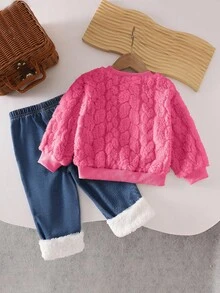 SHEIN Playful Pals 女婴碎花长袖上衣和心形毛绒牛仔裤套装，秋冬 - 玫紅色 - 查看 2