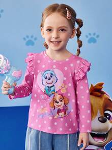 SHEIN | PAW Patrol Young Girls' Cartoon Heart & Cute Puppy Polka Dot Print Knit Round Neck Ruffle Trim Long Sleeve Fitted T-Shirt Fall Winter - Pink - View 2