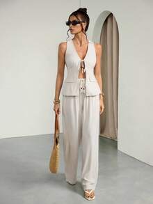 SHEIN Tall 2件套简约纯色亚麻露背串珠套装（吊带背心和阔腿裤），适合工作、派对、休闲、正式场合 - 米色 - 查看 7