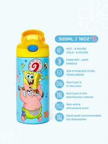 SpongeBob SquarePants | SHEIN 16 Oz / 500 Ml Stainless Steel Leak-Proof With Lid And Pop-Up Straw ,Suitable For Children Over 3 Years Old, Back To School - Multicolor - View 3