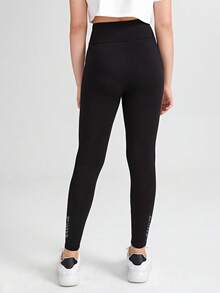 SHEIN Leggings básicos de cintura ajustada de punto para adolescentes - Negro - Ver 2