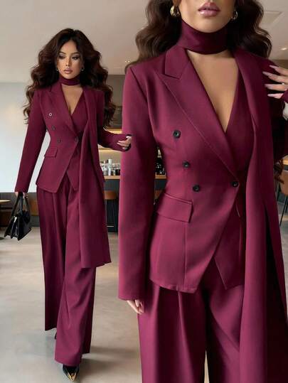 SHEIN Elenzya Women's Burgundy Thick Fabric Asymmetrical Design Lapel Long Sleeve Blazer & Wide Leg Pants Two Pieces Suit, Elegant & Sophisticated