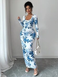 Elenzga Nouvelle robe moulante mini à col drapé, imprimé floral sexy, avec nœud à la taille. Élégante et flatteuse, convient pour les superpositions en automne/hiver - Bleu et Blanc - Voir 4