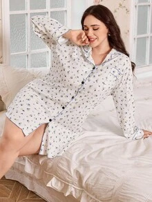 CottageSlumber Plus Size Ditsy Floral Waffle Knit Long Sleeve Nightgown, Fall & Winter, Moo Moo Night Dress - Multicolor - View 6