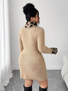 Elenzga 大码女式豹纹拼布长袖毛衣裙，休闲外套，适合婚礼宾客，秋冬季 - 棕色 - 查看 7