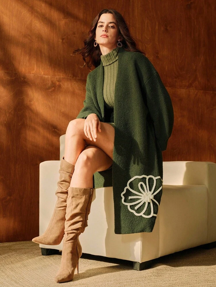 Elegant French Line Pattern Women Long Cardigan Sweater, Suitable For Fall, Autumn, Winter, Elegant, Chic, New Year, Casual, Christmas