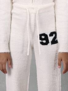 SUMWON Luxurious Cozy Flare Leg Pants Wide Leg Jogger Pants With Drawstring Waist Brushed Knit Winter Fall Pants Numbers Script Logo - Beige - View 5