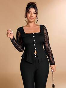 Cravure 大码女式优雅纯色蕾丝拼布上衣和喇叭裤套装 - 黑色 - 查看 5