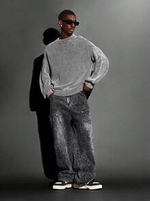 Quần jeans thợ mộc dáng rộng SUMWON bằng cotton, kiểu dáng vintage rách rưới, ống rộng, chất liệu denim tiện dụng với nhiều túi, thích hợp cho thời trang đường phố. - màu đen - Xem 3