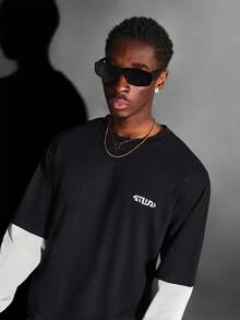 SUMWON 越野摩托车图案印花双层长袖 T 恤圆领赛车街头服饰摩托车俱乐部设计秋冬休闲装 - 黑色 - 查看 3