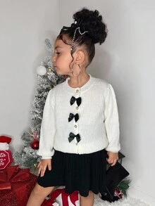 2 pezzi/set Blusa bianca con fiocco decorativo e gonna nera per ragazze, adatta per autunno/inverno - Bianco e nero - Visualizzare 4