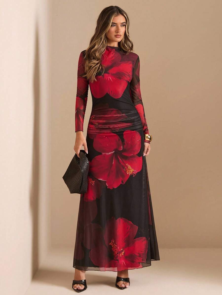 SHEIN BAE Nuevo vestido ajustado de manga larga con estampado de malla floral teñida anudada en rojo para fiesta y vacaciones, otoño/invierno