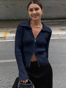 DAZY 女士休闲纯色拉链开衫，秋季 - 藏蓝色 - 查看 5