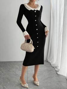 DAZY 女式优雅拼色荷叶边下摆毛衣裙，秋季 - 黑色 - 查看 4