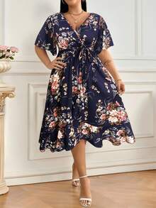 SHEIN Clasi Đầm Maxi Tay Cánh Bướm Họa Tiết Hoa Có Thắt Lưng Cho Nữ - Màu xanh hải quân - Xem 7