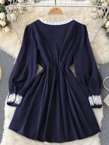 DreamSkyne Vestido de manga larga con botones y ribete de encaje para tallas grandes - Azul Marino - Ver 2