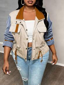Slaydiva Women's Plus Size Contrast Color Block Drawstring Hem Jacket For Everyday Wear, Autumn/Winter - Multicolor - View 1
