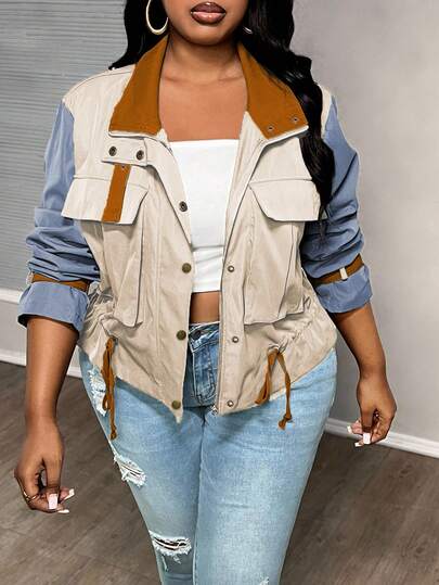 Slaydiva Women's Plus Size Contrast Color Block Drawstring Hem Jacket For Everyday Wear, Autumn/Winter