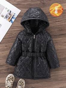 SHEIN Áo khoác dài có mũ trùm đầu đệm họa tiết hình thoi dành cho bé gái kèm thắt lưng, mùa đông - màu đen - Xem 4