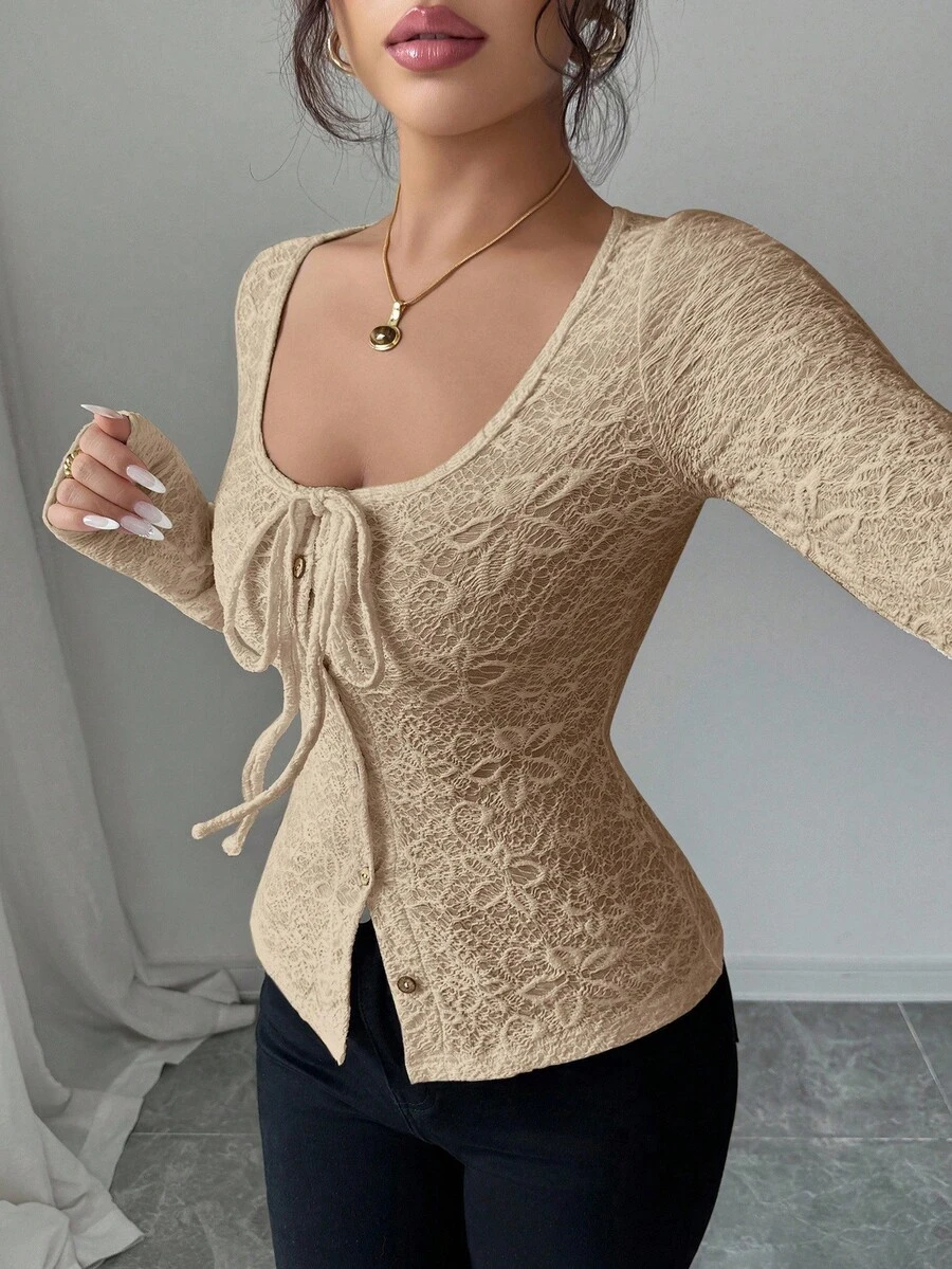 SHEIN Allurite 休闲纯色前系带修身长袖女式T恤 - 卡其色 - 查看 1