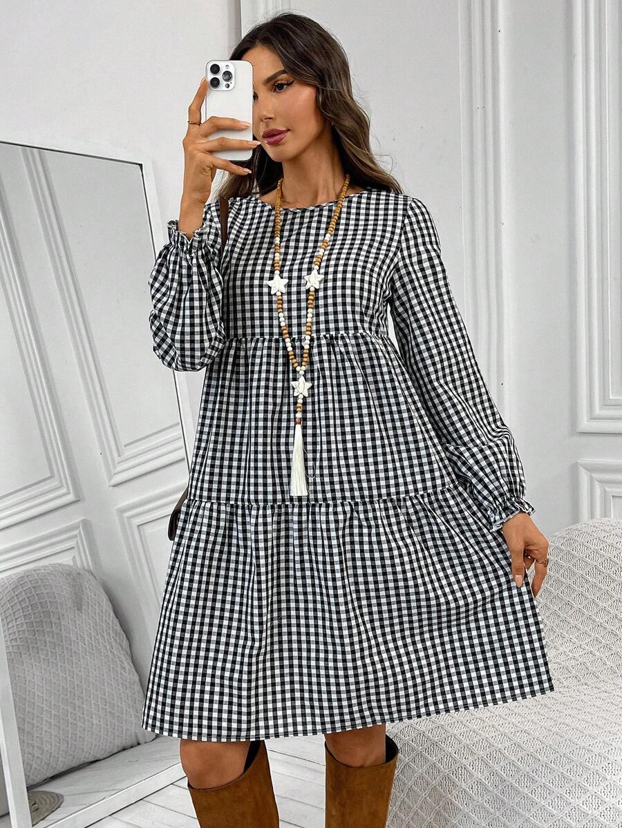 EMERY ROSE 女士休闲格子中长连衣裙，秋季 - 黑與白 - 查看 1