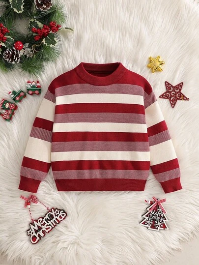SHEIN Young Boy Casual Colorblock Crew Neck Long Sleeve Sweater, Autumn/Winter Sweater Striped Casual Sweater For Christmas Family Matching Christmas Daddy And Daughter Jumpers Christmas Knitwear Sweater