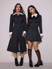 SHEIN Tall Halloween Cosplay Black And White Polka Dot Dress,Goth Chic Autumn Tea Party Formal Dresses For Women,Nightmare Before Christmas,Suitable For Tall - Black - View 7
