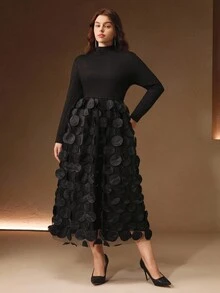 Anewsta 高品质时尚小众大码女装，小立领设计，分层网眼裙，时尚优雅的连衣裙 - 黑色 - 查看 4
