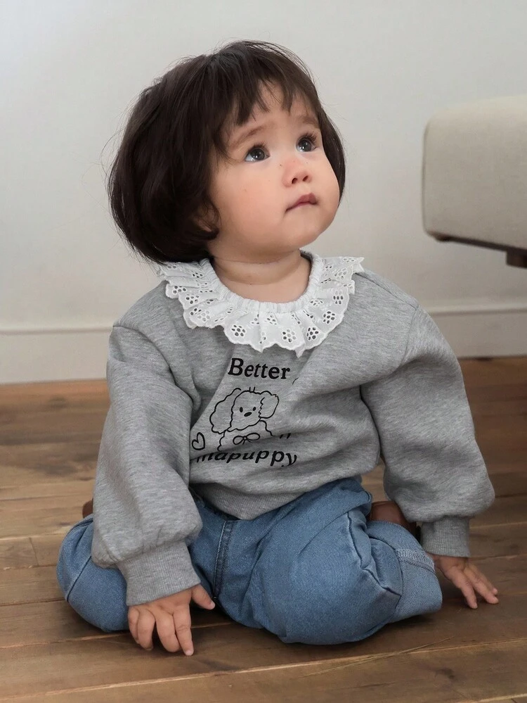 Baby Girls Lace Patchwork Korean Cartoon Print Long Sleeve Sweatshirt Fall,Winter Toddler Girls Clothes
