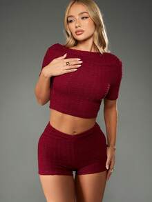 MISSGUIDED Textured Two Piece Crop Top Hot Pants Co Ord Set Festival Club Party Summer Beach Ruched Body Con Outfit Christmas - Red - View 4