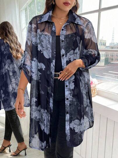 SHEIN Clasi Plus Size Casual & Commute Floral Print Sheer Blouse