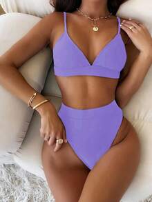 SHEIN Swim Summer Beach Solid Bikini Set Triangle Bra & High Waisted Bottom 2 Piece Bathing Suit - Lilac Purple - View 5