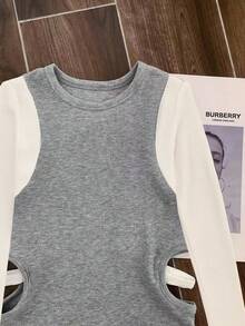 INAWLY Women's Contrast Color Round Neck Long Sleeve Hollow Out Design Casual T-Shirt - Light Grey - View 5