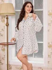 CottageSlumber Plus Size Ditsy Floral Waffle Knit Long Sleeve Nightgown, Fall & Winter, Moo Moo Night Dress - Multicolor - View 7