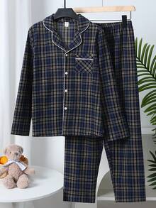 Conjunto de pijama casual y cómodo con cardigan de cuello de solapa a cuadros y pantalones para adolescentes