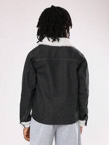 SUMWON Cotton Kids Sherpa Lined Denim Trucker Jacket Winter Fashion Outerwear With Patch Pockets Classic Casual Jean Coat Streetwear Seasonal Outerwear - Black - View 2