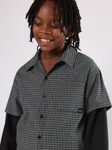 SUMWON 青少年男孩黑色格纹双层长袖棉质休闲衬衫纽扣式多层外观经典街头时尚多层袖子独特设计 - 黑色 - 查看 3