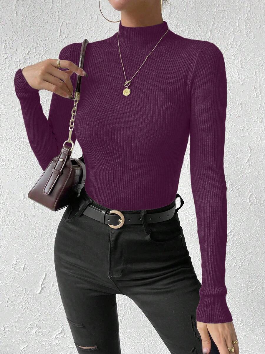 SHEIN 女式纯色圆领插肩袖休闲罗纹针织套头衫
