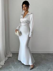 Selianne 女式纯色翻领长袖修身优雅连衣裙 - 淺灰色 - 查看 6