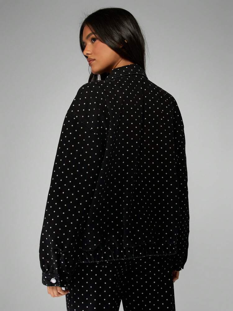 MISSGUIDED Giacca bomber in denim a pois in cotone con design classico, adatta per la moda invernale e autunnale, con stampa all-over in stile vintage, lunghezza corta, streetwear