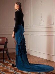 Almamuse Women's Teal Blue Autumn Elegant Party Ruffled Asymmetric Hem Silk Skirt, Long Skirt With Slit For Halloween Christmas Dark Siren Costume - Teal Blue - View 5