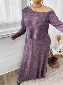 Modelyn Conjunto casual de 2 piezas de talla grande para mujer, con camiseta de manga larga con hombros oblicuos de unicolor y falda extra larga, para otoño - Morado - Ver 4